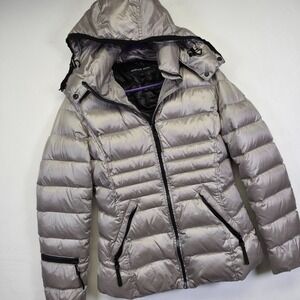 Andrew Marc Goose Down Puffer Jacket Women XS Silver Metallic 650 Fill Warm Coat